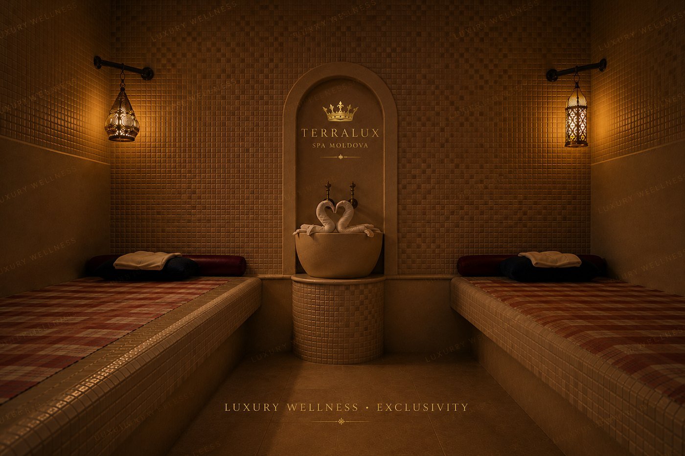 Hammamul turcesc de la TerraLux SPA, Chișinău — bazin de marmură, felinare și prosoape peștemal